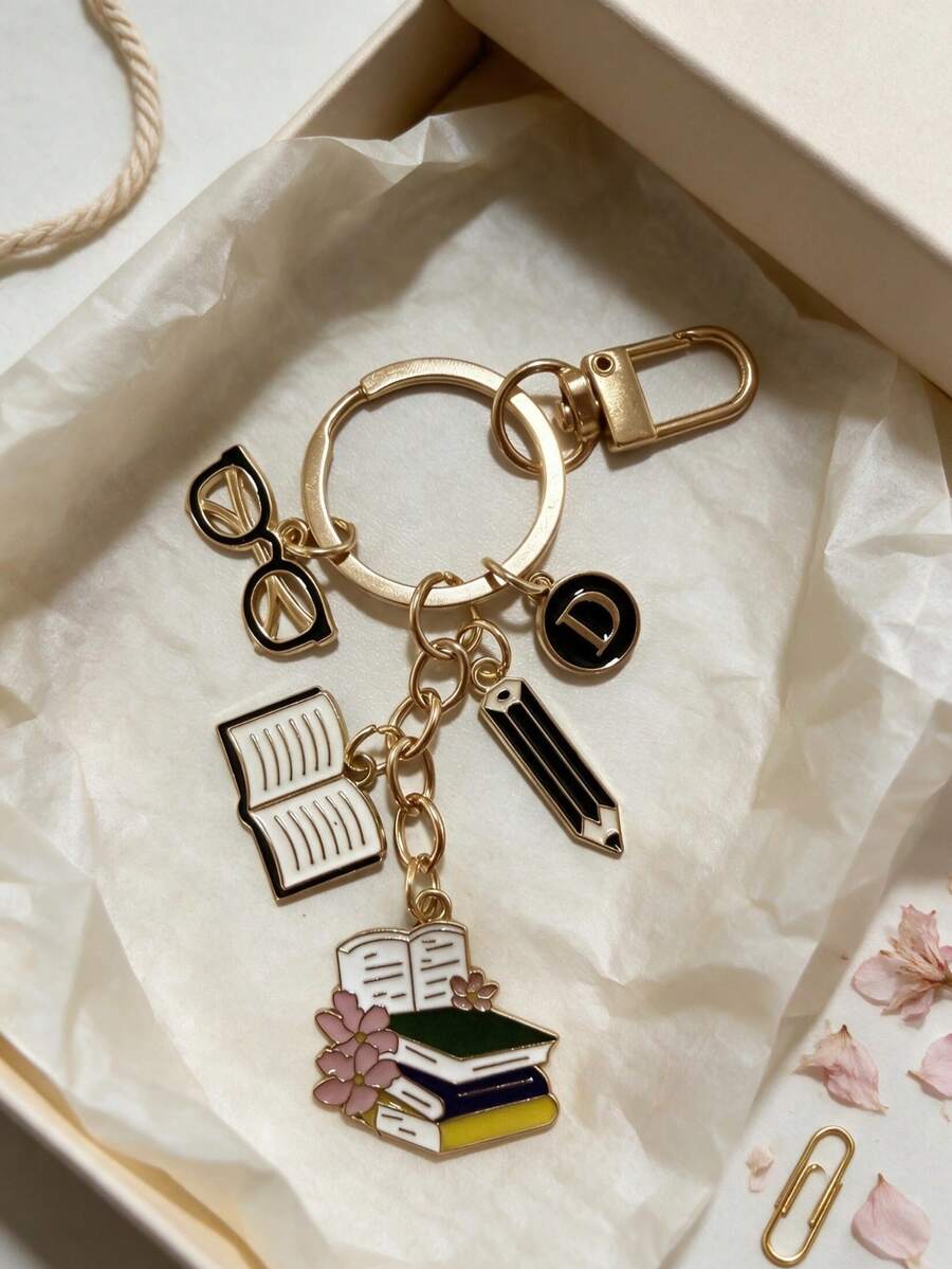 Book Couples Keychain Bag Charm, Cute Reading Theme With Glasses, Pencil, And Book Stack Pendant, Ideal Gift For Students And Book Lovers, Personalized DIY Initial Charm, Artistic Campus Style Bag Accessory, Exquisite Bag Ornament, Suitable For Backpacks, Handbags, And Tote Bags, Student And Literary Enthusiast Accessory, Daily Wear Charm, Backpack Charm, Suitable For Personal Use Or Birthday Gift, Graduation Gift, Couple Gift, Creative Gift For Classmates And Friends - Multicolor - View 1