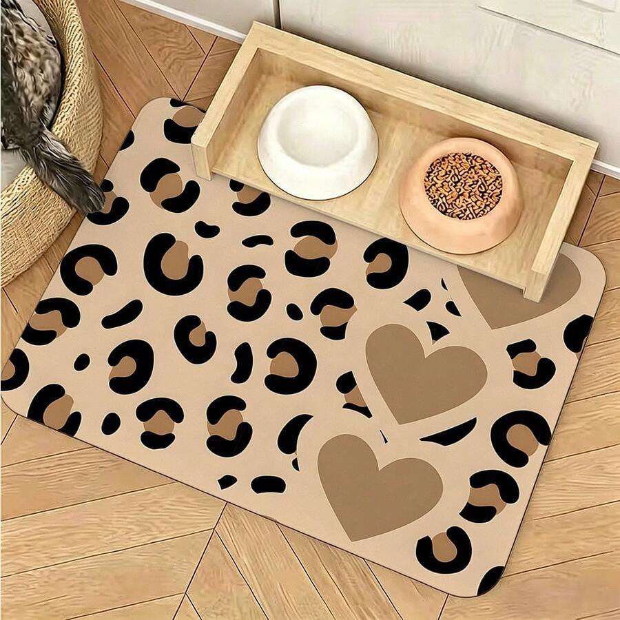 1Pc Pet Feeding Mat, Leopard‑Print Heart Print,Food Mat For Cat & Dog Bowls, Water‑Absorbent Pet Floor Mat With Rubber Backing, Easy‑To‑Clean Pet Supplies For Cat Beds, Cat Toys And Pet Bowls, Ideal For Cat & Dog Owners - View 1