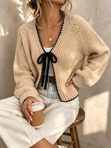 Women's Chic Casual V-Neck Tie-Front Raglan Sleeve Ribbed Contrast Trim Cardigan, Elegant Loose Vacation Daily Commute Outings Sweater, Fall Winter - Apricot - View 1