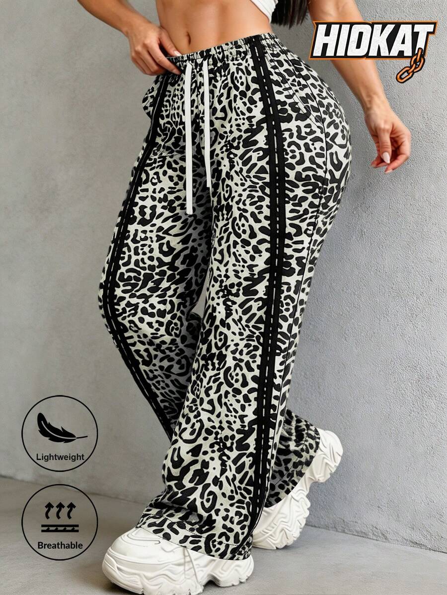 Hidkat Women's Leopard Print Wide Leg Long Pants With Drawstring Waist And Slanted Pockets, Street Casual Y2K Style, Spring/Autumn
