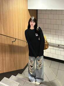 American Retro Long Sleeve Black T-Shirt For Women, Heart & Letter Print Loose Fit Base Layer Top, Casual Versatile Autumn Blouse - Black - View 5