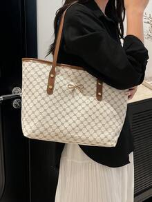 極簡時尚大容量蝴蝶結新款通勤托特包，手提與肩背兩用 - 白色 - 查看 3
