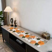 Winter Thanksgiving Pumpkin & Maple Leaf Applique Hollow Embroidery Tablecloth Table Runner For Home Party Dining Table Coffee Table TV Stand Shoe Cabinet Dresser Decor To Enhance Holiday Atmosphere - Orange - View 3