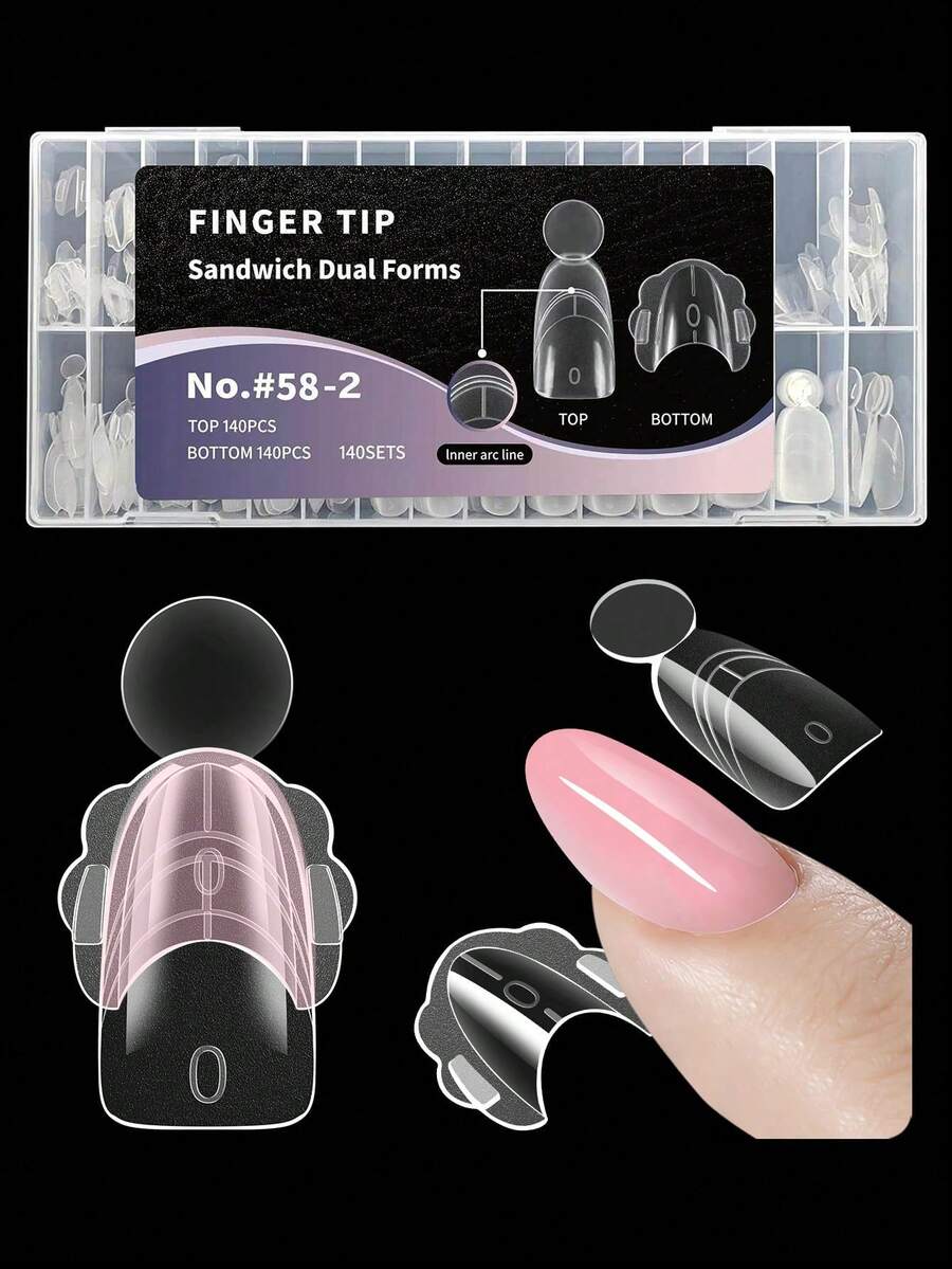 140 Sets Sandwich-Style Nail Extension Molds, Curved Short Almond Crystal Rhinestone Nail Tips, Double-Layer Nail Molds, Nail Art Tools - Clear - View 1