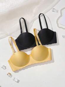 2pcs Solid Color Seamless Strapless Bra, Underwire Padded Convertible Strapless Lingerie - Multicolor - View 3