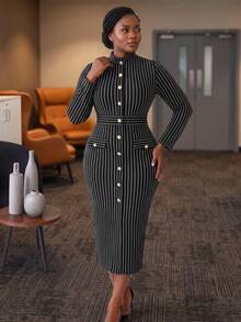 NOU Women's Mid-Length Dress With Small High Neck, Vertical Row Of Multiple Gold Buttons, Faux Pocket Flap With Button, Elastic Striped Fabric - Black and White - View 2