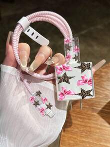 Bow Leopard Print Star Pattern, For IPhone 18W/20W Transparent Charger Protective Case, Compatible With IPhone 13/14/15 Charger Protective Case, 20W Charger Protective Case Set, Cable Protective Sleeve, Charging Cable Head Protective Sleeve, Gift, Transparent Protective Case, Charger Protective Shell - Multicolor - View 1