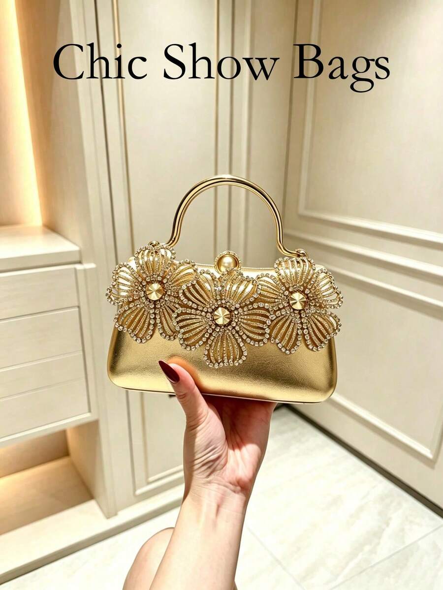 Women Gold Evening Clutch Bag, Curved Hard Frame Purse, 3D Hollow Rhinestone Floral Pattern, Luxury Elegant Handbag For Wedding Prom Formal Part - Gold - View 1