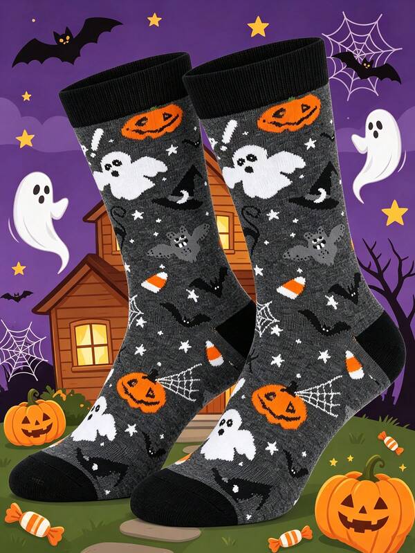 1 Pasang Kaos Kaki Crew, Kaos Kaki Crew Pria Bergambar Lucu Bertema Halloween, Cocok untuk Pemakaian Sehari-hari di Musim Gugur dan Musim Dingin, Hadiah Halloween dan Natal untuk Pacar, Anak Laki-laki, dan Suami