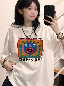 Japanese Style Women Summer Loose Round Neck Cartoon Character Letter Print Short Sleeve T-Shirt White Casual - White - View 2