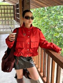 Spring Women's Utility Style Jacket Coat, Fashion Funnel Neck, Multi-Pocket Waist Drawstring Design, Fashion Versatile Summer, Streetwear Red - Red - View 2