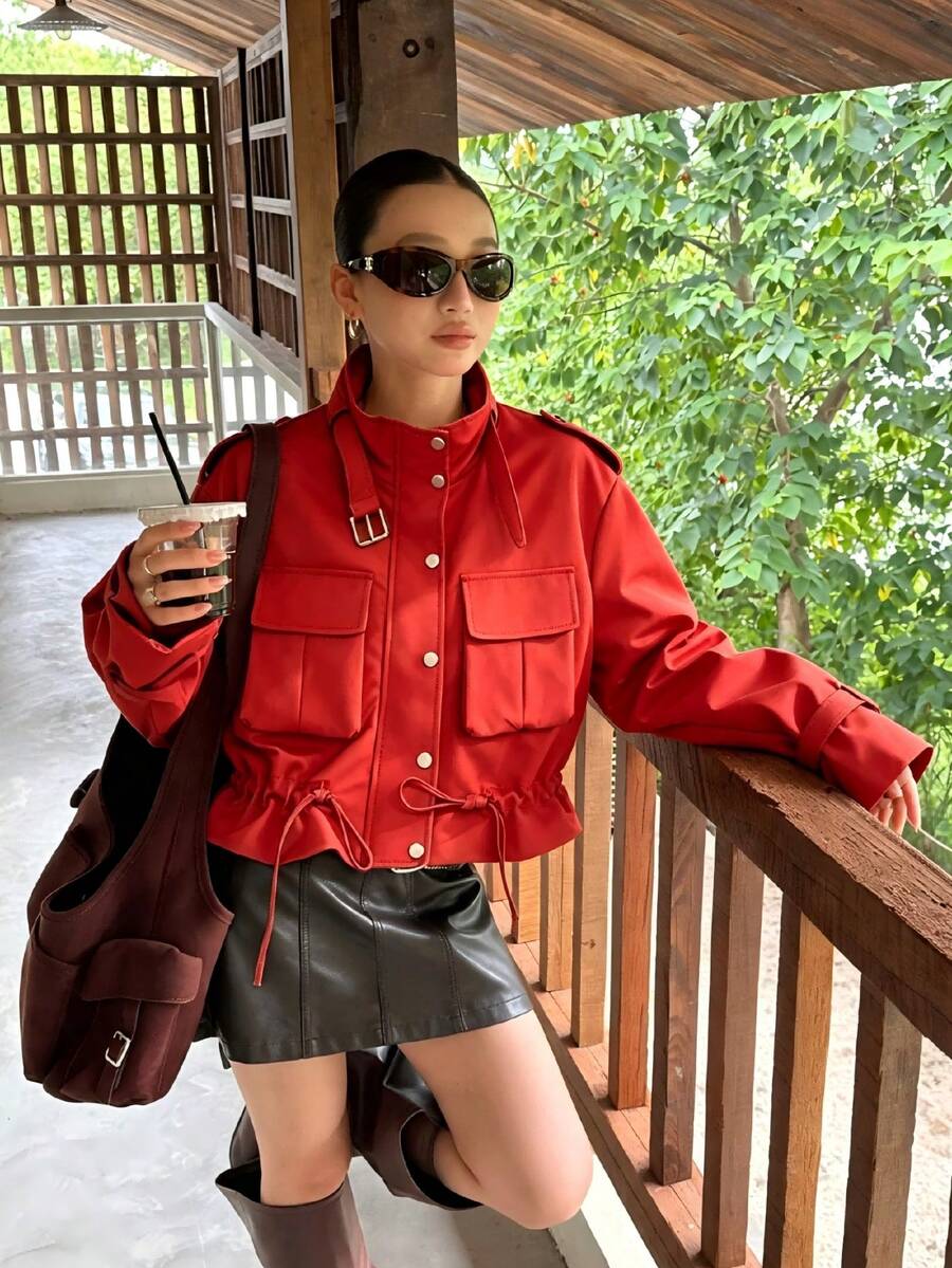Spring Women's Utility Style Jacket Coat, Fashion Funnel Neck, Multi-Pocket Waist Drawstring Design, Fashion Versatile Summer, Streetwear Red