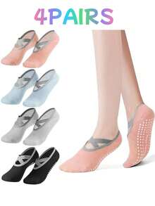 1/3/4 Pairs Women's Non-Slip Yoga Socks, Pilates Grip Socks With Cross Strap Design For Breathable Fit And Flexible Support, Suitable For Yoga, Pilates, Ballet, Dance, Studio Workout Grip - Multicolor - View 18