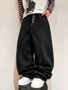 Modcrash Men's Japanese Street Style Balloon Jeans, Button-Up Curved Leg Loose Fit Wide Leg Denim Pants, Casual Versatile Long Trousers - Black - View 8