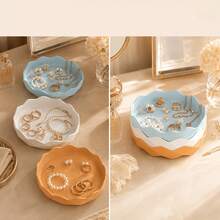 3pcs Stackable Wavy Jewelry Trays, Multi-Layer Cosmetic Organizer, Cute Wavy Edge Vanity Tray, Suitable For Rings, Earrings, Necklaces, Bracelets, Desktop Makeup Table Storage Tray, Bedroom Dressing Table Decor - Blue + White + Orange - View 5