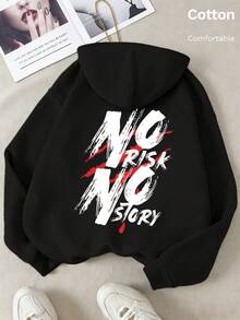Autumn Men's Black Hoodie With Back Print "NO RISK NO STORY" Long Sleeve Y2K - Black - View 2