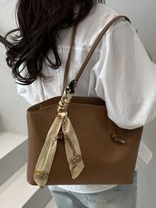 Women Large Capacity Tote Bag, Elegant Shoulder Handbag With Decorative Silk Scarf, Office Work Commute Shopping Top‑Handle Purse - Brown - View 5
