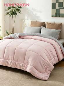1pc Honeymoon Style Square Stitching Polyester Velvet Dual-Color Reversible Quilt, Soft And Breathable Material, Wrinkle-Resistant, Alternative To Down Comforter, Suitable For Home And Dorm, Size T/F/Q/K - Baby Pink - View 1