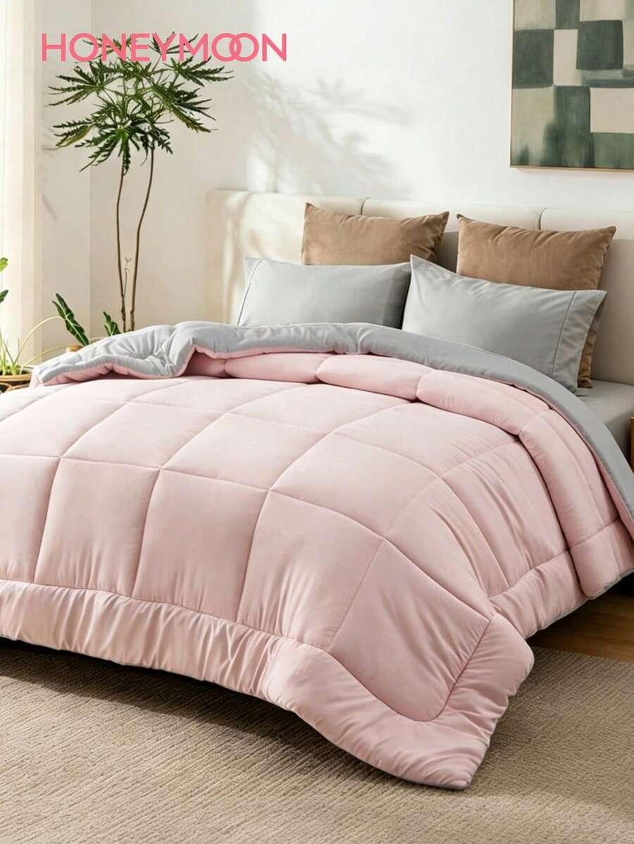 1pc Honeymoon Style Square Stitching Polyester Velvet Dual-Color Reversible Quilt, Soft And Breathable Material, Wrinkle-Resistant, Alternative To Down Comforter, Suitable For Home And Dorm, Size T/F/Q/K - Baby Pink - View 1