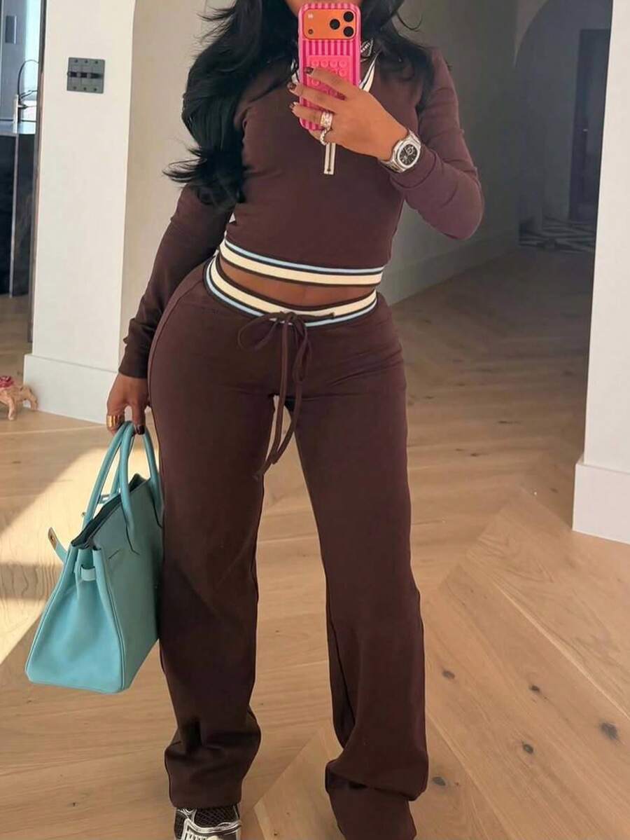 Autumn/Winter Fashion Polo Collar Zip-Up Patchwork Ribbed Top & Elastic Straight Leg Casual Pants 2 Pieces Set - Coffee Brown - View 1