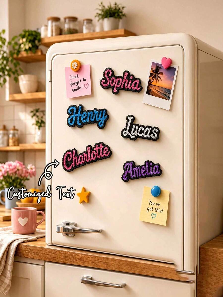 Ayotu Customized Personalized Text Fridge Magnets, Perler Beads Style Magnetic Fridge Magnets, Customizable Name Or Number, Hama Beads Storage Stickers Decoration, Ideal Choice For Decorating Fridge And Kitchen, Personalized Home Decor, Customized Memorial Kitchen Decoration, Fashionable DIY Crafts, Suitable As Customized Birthday/Housewarming Gifts For Mom, Best Friend, Bridesmaid, And Female Friends - Multicolor - View 1