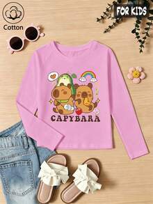 Girls Cotton Twill Long-Sleeved T-Shirt, Autumn/Winter Style, Featuring A Cute Capybara Design, In A Sweet And Charming Preppy Style - Light Wine Red - View 2