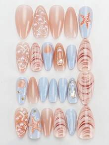 24pieces Press On Nails, Short Almond Ocean-Style False Nails With 3D Pearl Starfish Shell Pattern, Press-On Nails, Nail Supplies, Manicure Kit With Jelly Glue And Nail File For Daily Wear - Multicolor - View 2