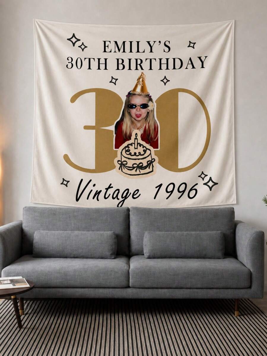 客製化生日照片掛毯,個性化男友/丈夫生日禮物,復古風格照片毯,客製化姓名與年份海報,生日派對裝飾,家庭回憶牆面藝術 - 彩色 - 查看 1