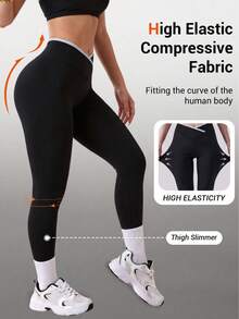 Women's Contrast Color V-Cross Waist Butt-Lifting Yoga Leggings, High Waist Tummy Control Elastic Compression Workout Pants Sports Black - Black - View 2