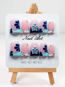 YINZIJIA 10 Pieces, Pure Handmade, French Flower Carving Gradually Colored, Slight Difference=Unique Handmade Short Duck Bill Shape Pure Handmade Nail Plate Set, Suitable For Daily Festival Wear, Including 1 Nail File And 1 Piece Of Gel Glue - Multicolor - View 11