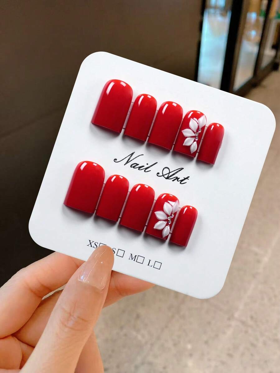 YINZIJIA 10 Pieces, Handmade, Wine Red Floral Gradient, Subtle Differences=Unique Handmade Short Square Pure Handmade Nail Board Set, Suitable For Daily Holiday Wear, Including 1 Nail File And 1 Piece Of Jelly Glue - Multicolor - View 1