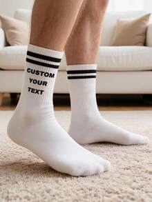 Striped Custom Text Crew Socks. Classic White Ribbed Socks Featuring Two Black Stripes On The Cuff, Available For Personalized Custom Text Printing. - Multicolor - View 2