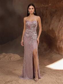 YISIKADO 3D Floral Applique Sequin Rhinestone Embellished Heart Neckline Sheer Mesh High Slit Wavy Striped Mermaid Formal Evening Party Gown - Coral Pink - View 5
