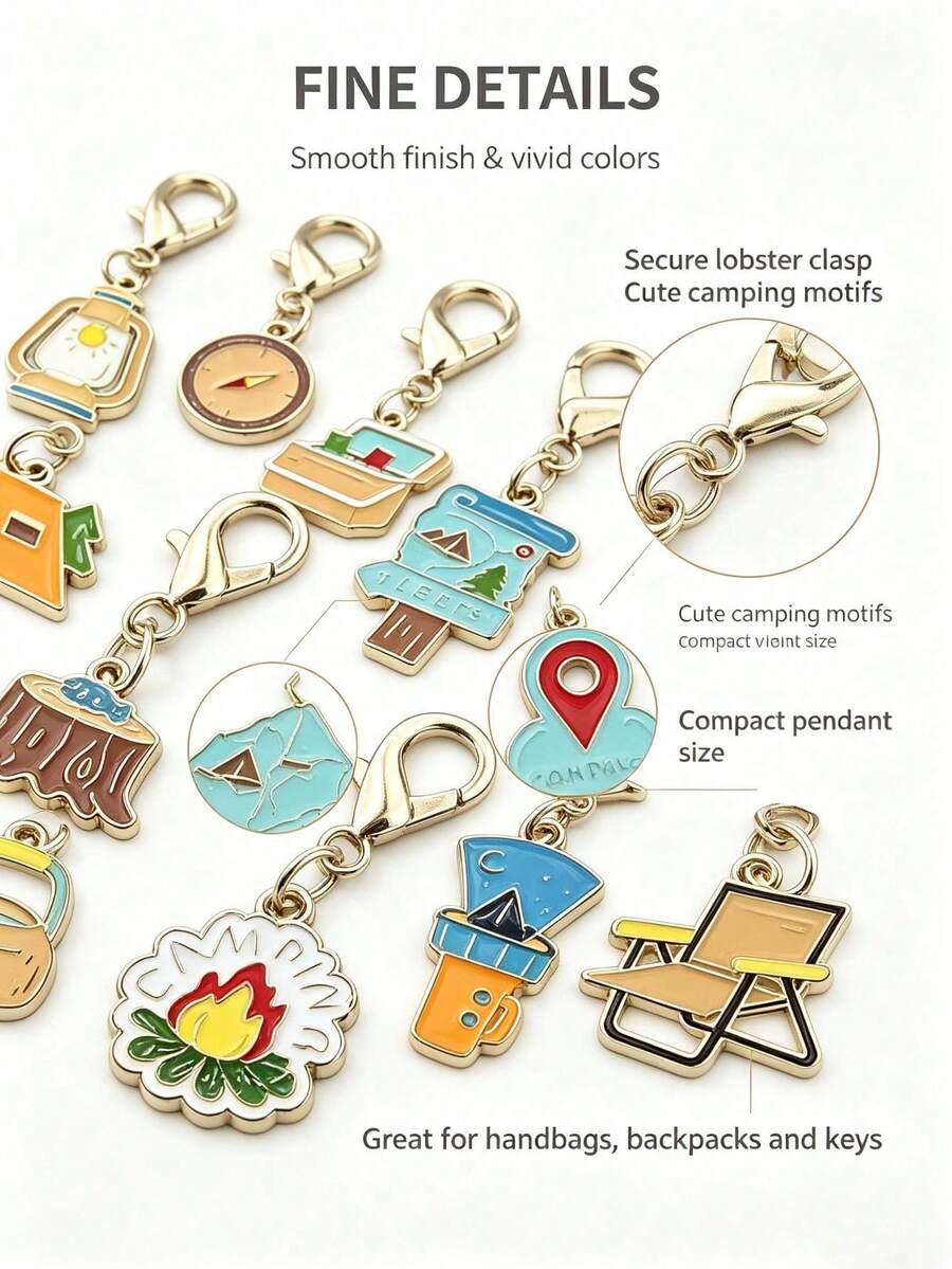 6pcs/12pcs Cartoon 2D Flat Outdoor Camping Keychains, Compass Key Fobs, Tent Key Chains, Suitable For Backpack Charms, Daily Bag Decoration, Holiday Party Gifts, Back To School Gifts, Women's Keychains, Car Keychains, Keychain Making Materials, Men's Keychains, Backpack Pendant Keychains, Keychains, Keychain Charms, Keychain Coin Purses, Bulk Keychains, Keychain Sets, Keychain Accessories