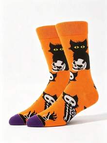 1 Pair Halloween Black Cat Skeleton Jacquard Mid-Calf Socks, Unisex, Colorblock Retro Quirky Cartoon Cat & Skeleton Pattern, Personalized Comfortable Sweat-Absorbent Socks For Party And Daily Wear, Autumn/Winter - Multicolor - View 6