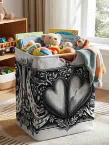 1PC Storage Basket, Laundry Hamper, Washing Basket, Storage Bucket, Heart‑Pattern Printed Design, Storage Basket With Wooden Handle, Foldable Multi‑Purpose Storage Bin, For Daily Clothes Storage & Organization - Multicolor - View 7