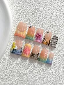 10件度假風手工穿戴甲，Poly Gel美甲套組，花卉圖案，藍黃配色，柔和手繪風格，含美甲工具，3種尺寸可選，杏仁/鴨嘴/棺材形，適合派對、跳舞、日常配戴 - 彩色 - 查看 19