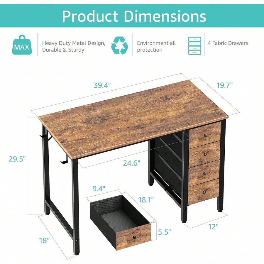 computadora de computadora de 40 pulgadas con 4 cajones de tela, computadora reversible para niños y estudiantes pequeños para oficina en casa, espacio pequeño, mesa de computadora de PC - 1 - Ver 1