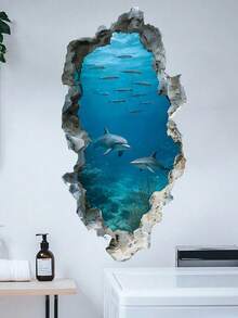 1pc Underwater World Hole Effect Sticker, Dolphin & Shark Decor Sticker, Creative Bathroom Wall Decor Self-Adhesive Removable - Multicolor - View 3