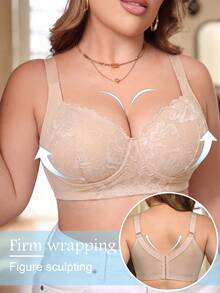 Beige Plus Size Women's Lace Underwire Push-Up Bra, Wide Strap Comfortable, Lift And Push Up, Breathable All Day - Beige - View 2