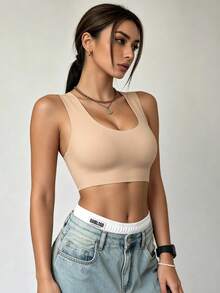 Runway Rest Bra Tanpa Kawat Wanita Warna Nude, Kain Tipis, Mengangkat & Menopang, Bantalan yang Dapat Dilepas, Tanpa Jahitan, Nyaman, Elastis, Tali Bahu Lebar - Aprikot - View 6