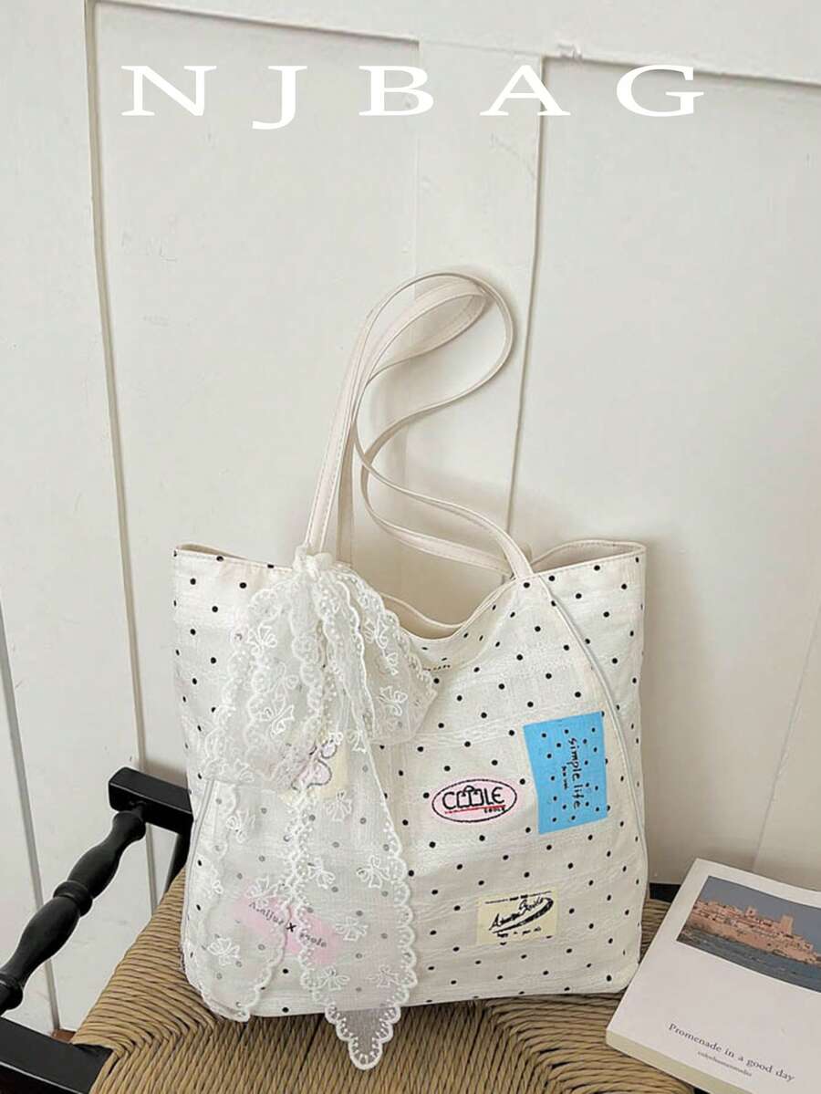 復古波點托特包附圍巾配件，女款大容量帆布肩背包，可肩背、斜背，多用途大容量多功能包，適合旅行、購物與學校日常使用，可水洗，拉鍊開合，適合女性、女孩、青少年、學生、老師、姊妹、好友、母親的休閒日常包，開學季、生日禮物、教師節、春夏適用