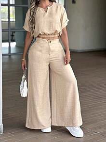 Women's Summer New Solid Color Elegant Zipper & Button Polyester Fabric 2 Pieces Set, Loose & Comfortable For Daily Wear, Vacation, Spring/Summer - Apricot - View 1