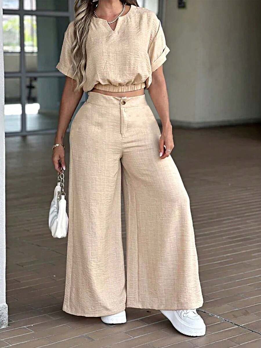 Women's Summer New Solid Color Elegant Zipper & Button Polyester Fabric 2 Pieces Set, Loose & Comfortable For Daily Wear, Vacation, Spring/Summer - Apricot - View 1