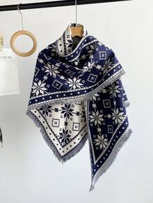 1PcWomen Winter Snowflake Geometric Print Fringe Triangle Shawl, Soft Imitation Cashmere Warm Wrap Scarf, Versatile Outer Cape For Fall Daily Outfit - Multicolor - View 12