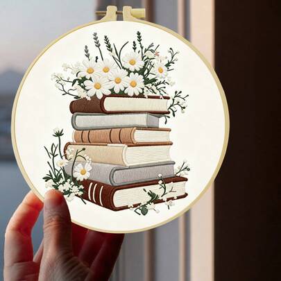 1PC 15*15cm/5.9*5.9in 20*20cm/7.9*7.9in,Many Books Embroidery Kit, DIY Handmade Embroidery Set For Adult Beginners, Home Gift, Women's Sewing Gift, Including User Manual, Printed Pattern Fabric, Embroidery Frame, Needle And Thread.