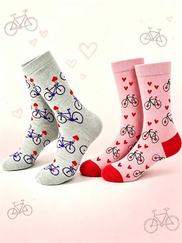 2 Pairs Bicycle Pattern Socks, Novelty Holiday Gift, Unisex Mid-Calf Socks