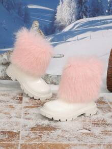 Girls' Pink Fluffy Fur Trim Round Toe Back Zipper Design Warm Comfortable Ankle Boots, Suitable For Daily Wear - Pink - View 2