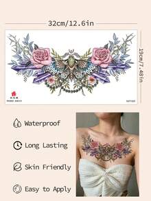 1pc Waterproof Butterfly Rose Tattoo Sticker, 32*19cm, Colorful Mandala Flower Chain Print Temporary Tattoo, Cool Pattern, Waterproof Non-Reflective, Easy To Use, Suitable For Women's Back, Chest And Other Areas, Lasts 3-7 Days, Essential For Parties And Music Festivals - Black - View 3