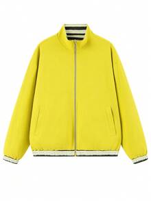 NBCT Women's Reversible Striped Hooded Zip-Up Jacket, Multi-Color Options, Loose Fit, Versatile Outdoor Sports Jacket - Yellow - View 3